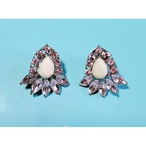 Betsey Johnson Pink earrings flowers  AB crystals signed studs Silver color